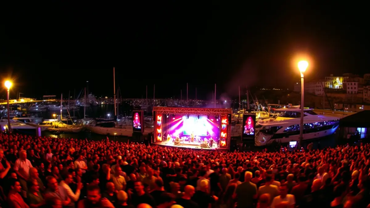 Imatge d'un escenari de festival de música amb llums i públic en un port, amb vaixells i el mar de fons.
