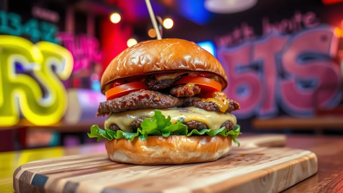 Imagen de una hamburguesa gourmet con pan brioche, queso fundido y varios ingredientes, servida en un ambiente de restaurante con luces de neón y grafitis.