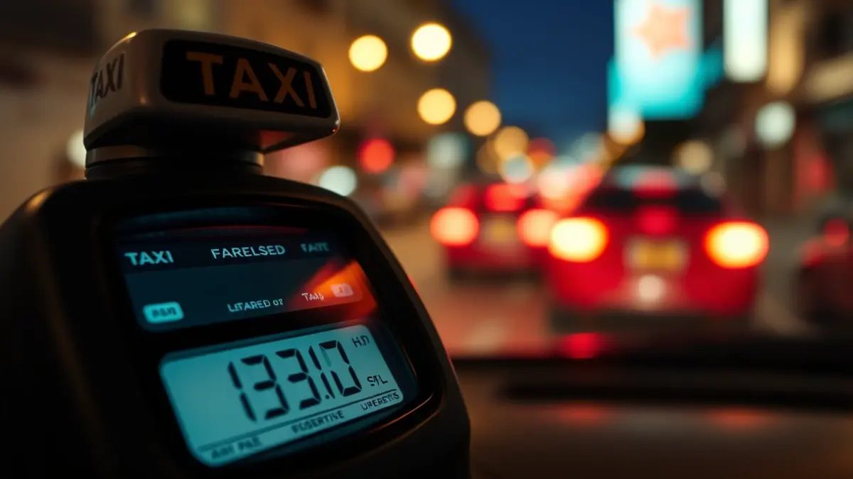 Imatge genèrica d'un taxímetre mostrant una tarifa, amb llums de ciutat desenfocades al fons.