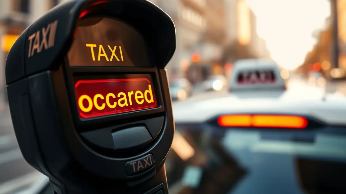 Imatge genèrica d'un taxímetre amb el senyal d'ocupat il·luminat, amb el carrer de la ciutat difuminat al fons.