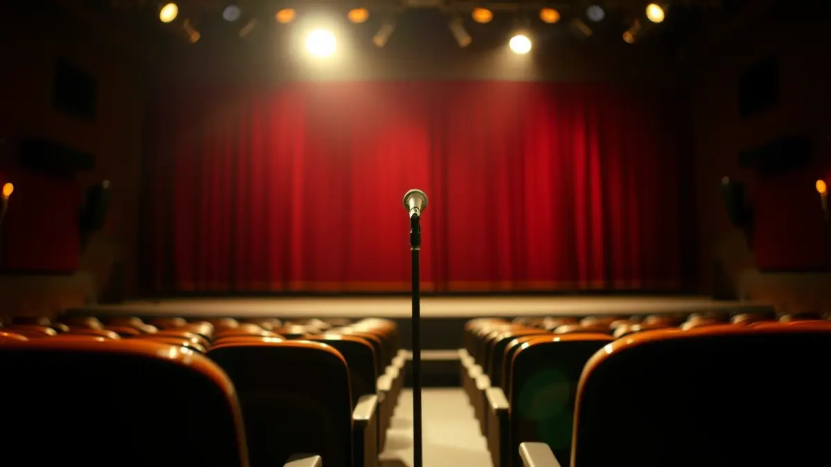 Generic image of a theater stage with a microphone and empty seats.