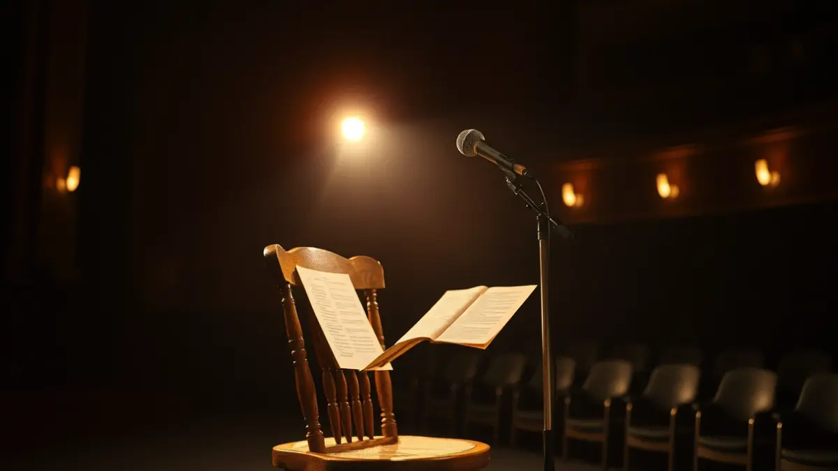 Generic image of a theatrical stage with a chair and a microphone, dramatic lighting.