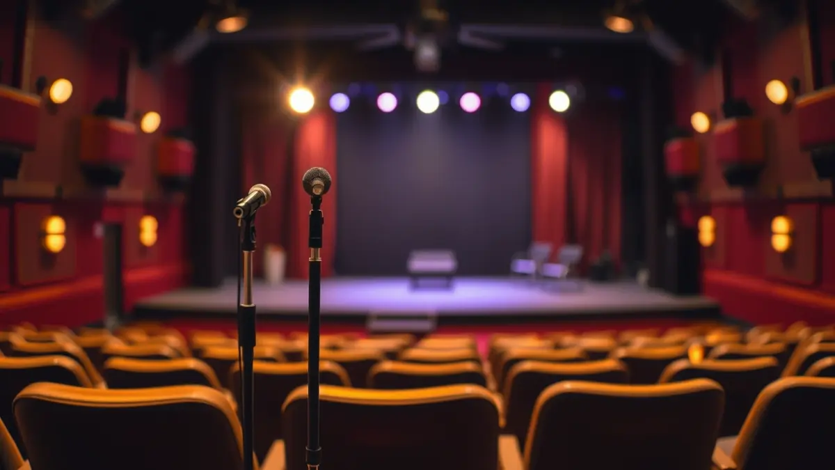 Imagen genérica de un escenario de teatro con un micrófono y asientos vacíos.