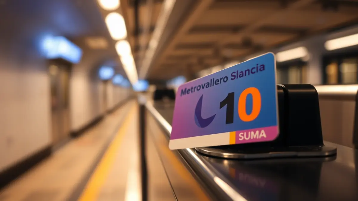 Metrovalencia SUMA 10 transport card on a turnstile, with a blurred modern metro station in the background.