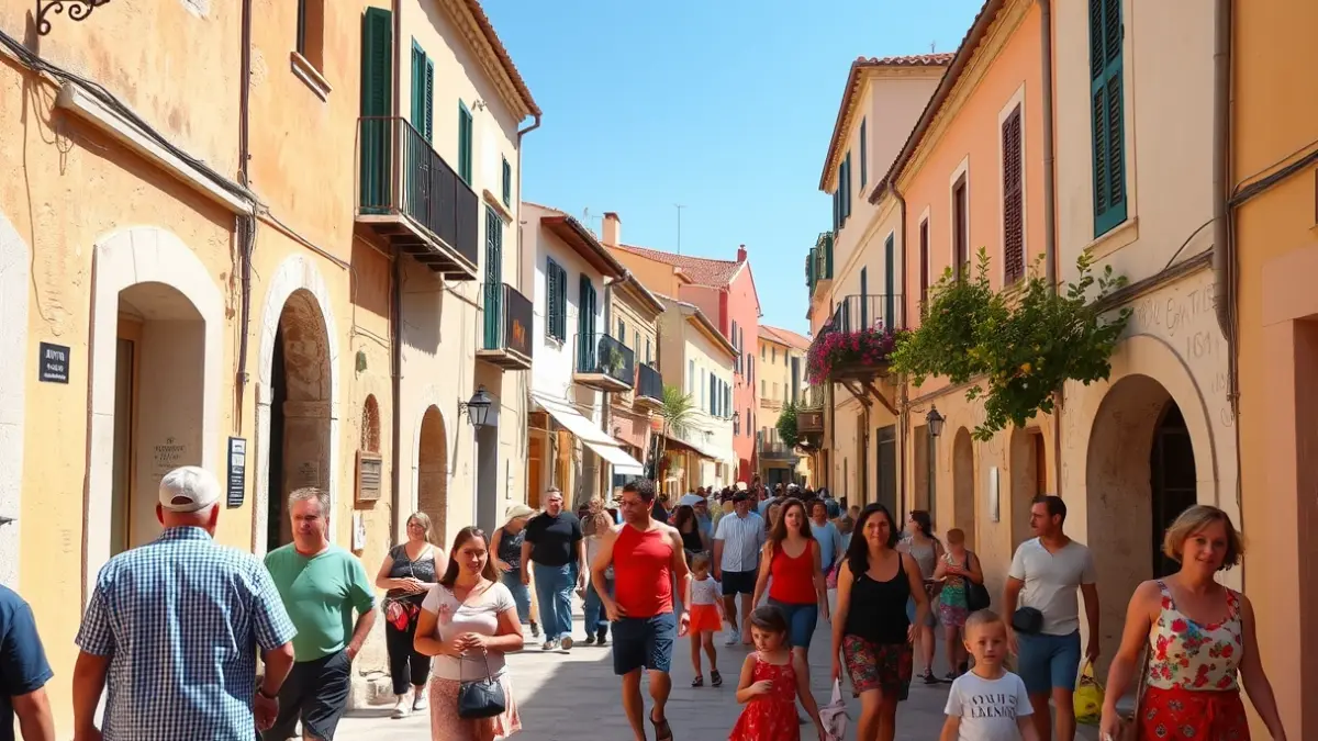 Imagen de una calle animada en un pueblo mediterráneo, con gente paseando y niños jugando, reflejando un sentido de comunidad y crecimiento.