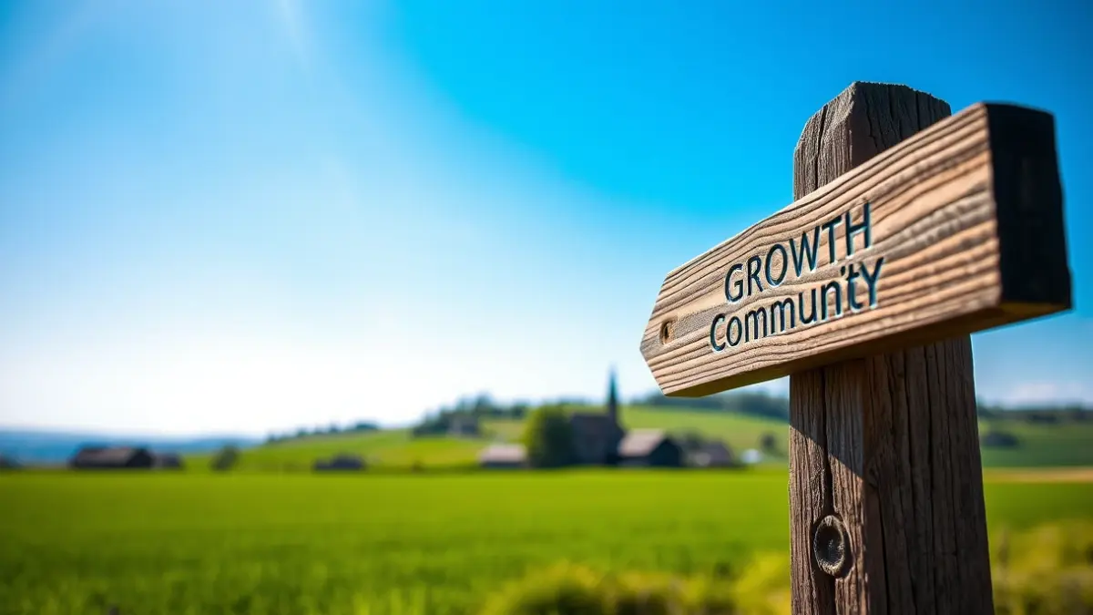 Imatge genèrica d'un senyal de fusta amb un poble xicotet al fons, simbolitzant el creixement demogràfic.