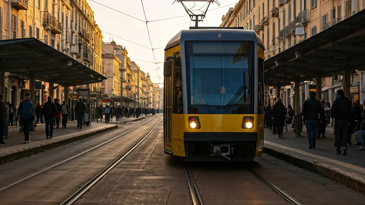 Imatge genèrica d'un tram en una estació a l'alba, amb figures borroses de persones esperant.