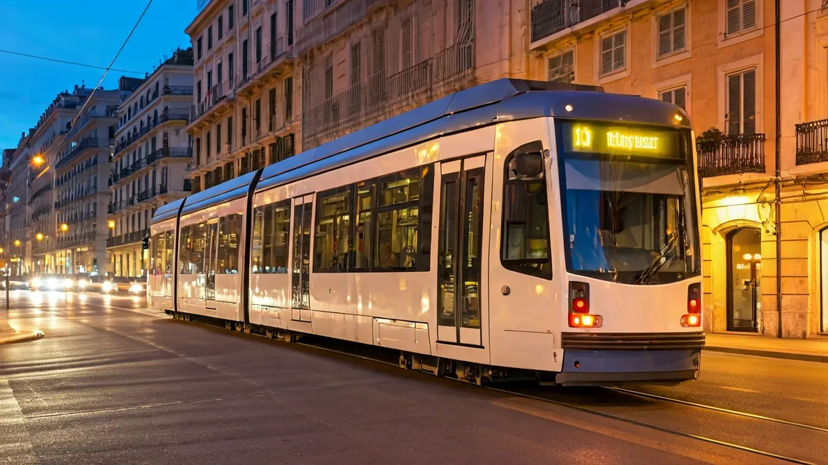 Generic image of a modern tram moving through a city at dusk.