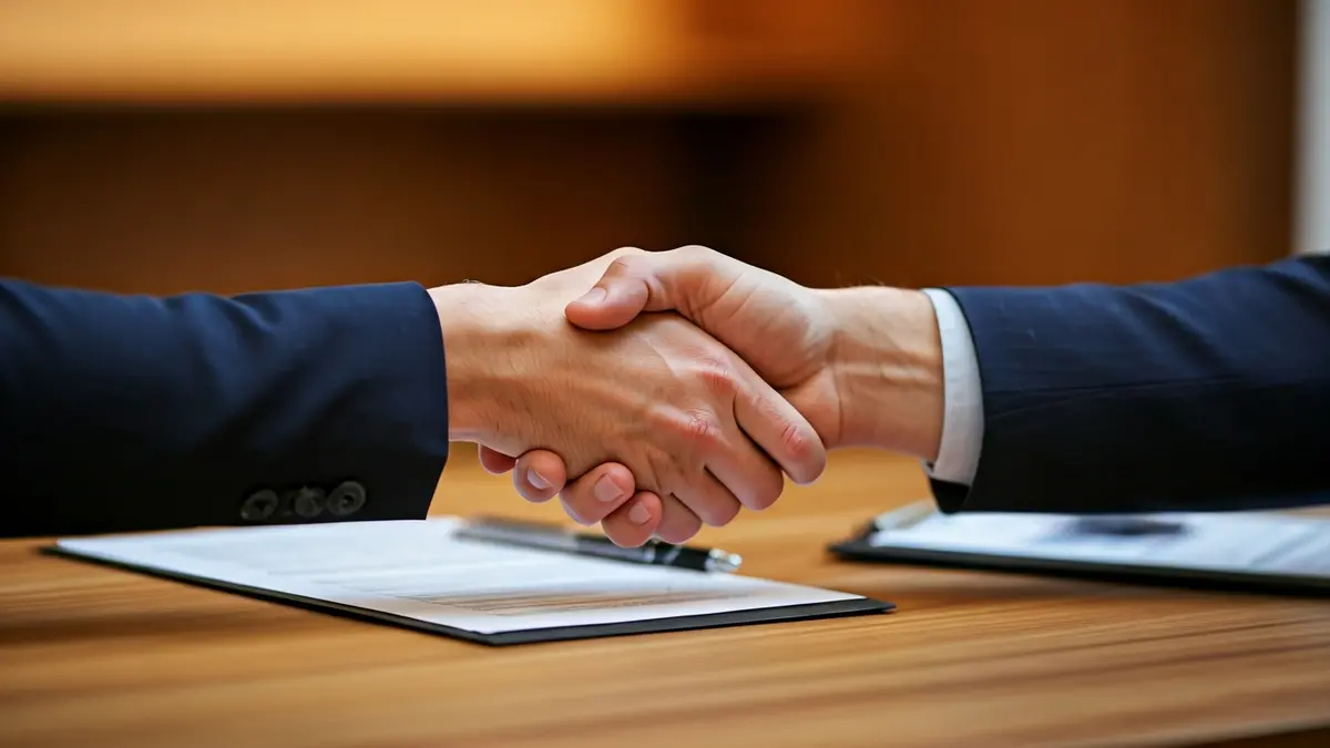 Generic image of two hands shaking over a desk, symbolizing professional agreements.