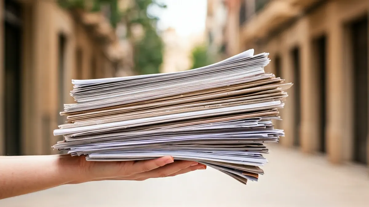 Generic image of paper waste for recycling, with a blurred urban background.