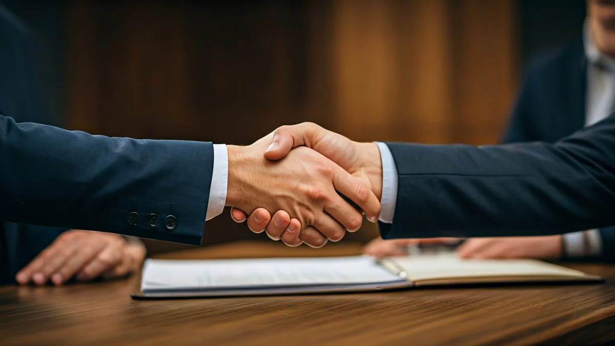 Imatge genèrica de dues mans encaixant sobre un escriptori amb documents desenfocats, simbolitzant un acord o decisió legal.