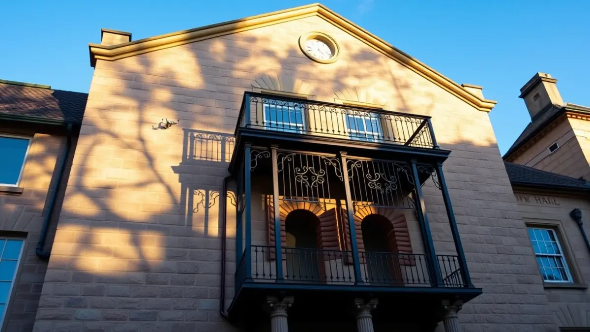 Façana de l'ajuntament de València amb balcons de ferro forjat i llum solar càlida.