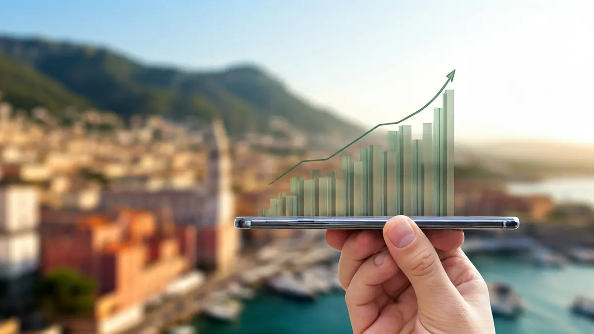 Generic image of economic growth in the tourism sector, with an upward graph on a mobile phone and a Mediterranean city skyline in the background.