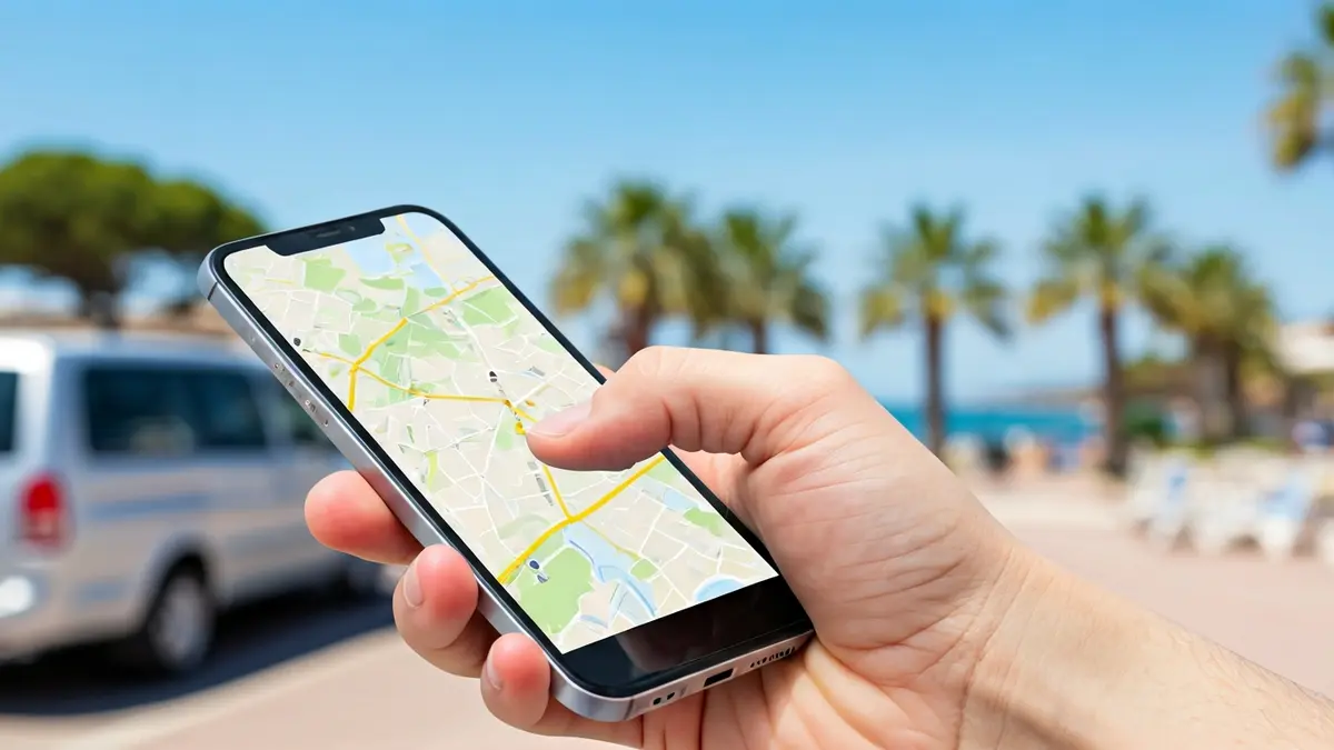 Generic image of a hand holding a smartphone with a travel app, against a Mediterranean beach background.