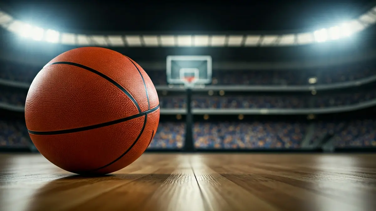 Generic image of a basketball on a court, with blurred stadium lights in the background.