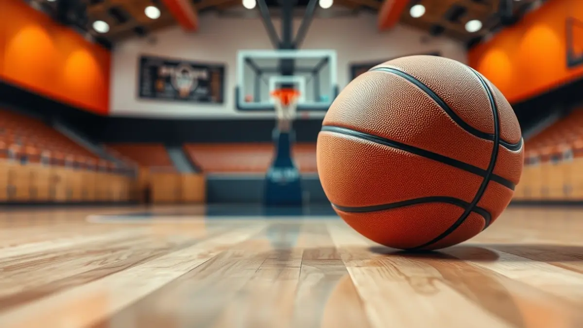 Generic image of a basketball on a court, with a blurred hoop in the background.