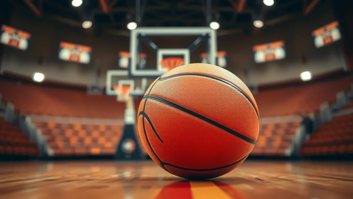 Generic image of a basketball on a court, with the hoop blurred in the background.