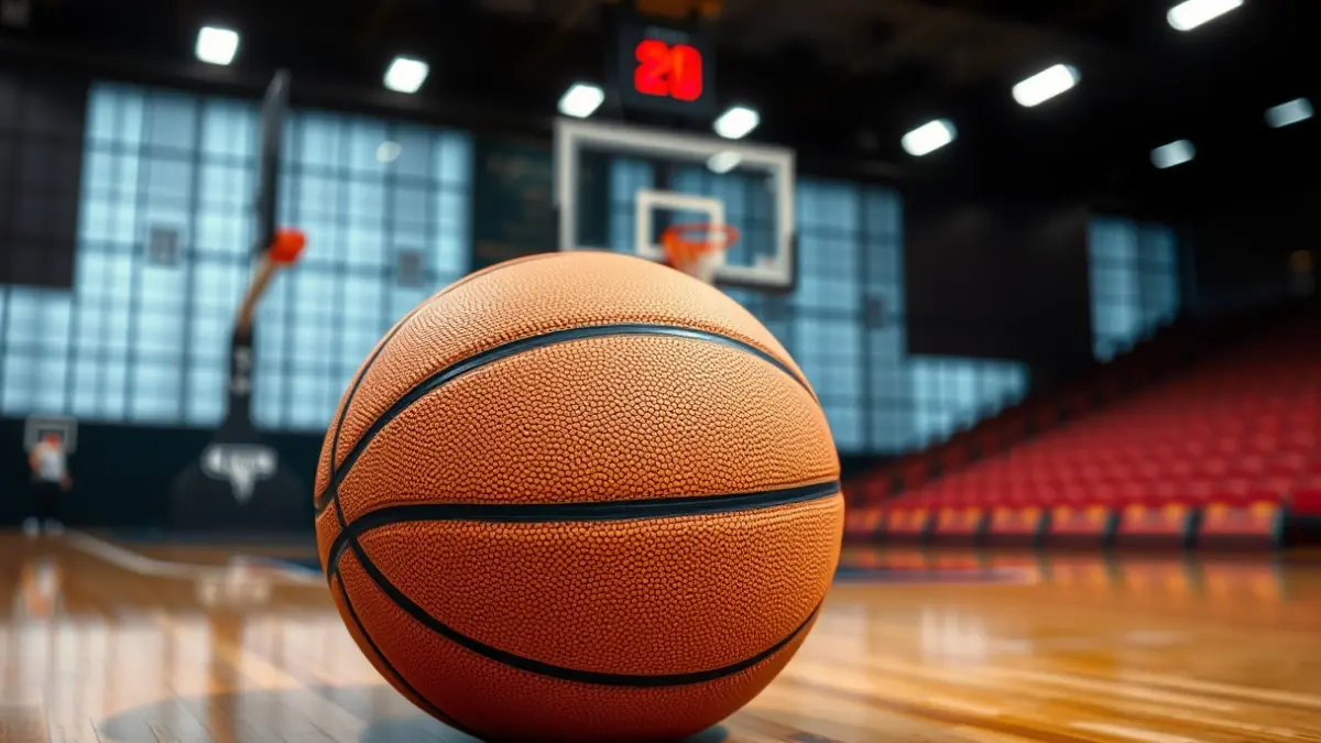 Generic image of a basketball on a court, with a blurred hoop in the background.