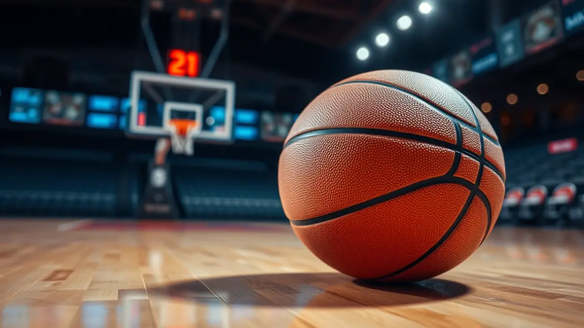 Generic image of a basketball on a court, with a blurred hoop in the background.