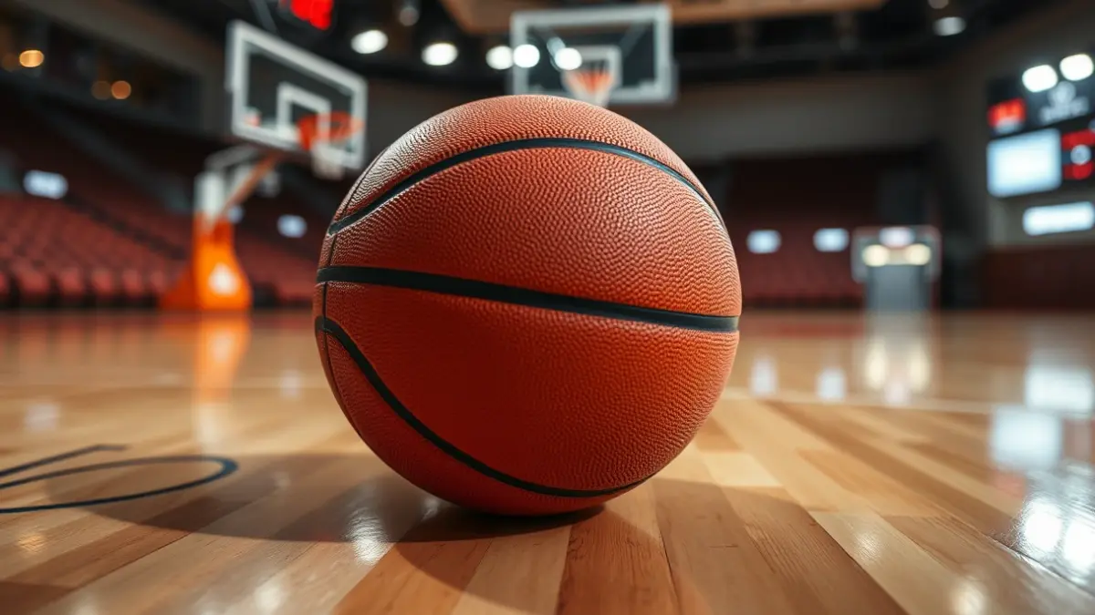 Imatge genèrica d'una pilota de bàsquet en una pista, amb l'anella desenfocada al fons.