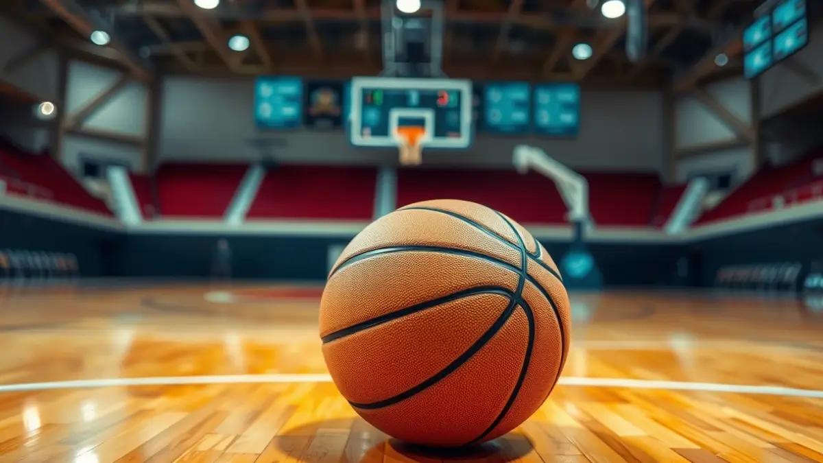 Imatge genèrica d'una pilota de bàsquet en una pista, amb l'anella desenfocada al fons.