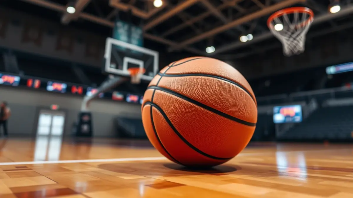 Imatge genèrica d'una pilota de bàsquet en una pista, amb l'anella desenfocada al fons.