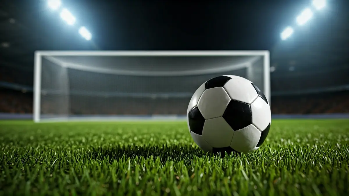 Imatge genèrica d'una pilota de futbol sobre la gespa d'un camp, amb la porteria desenfocada al fons.