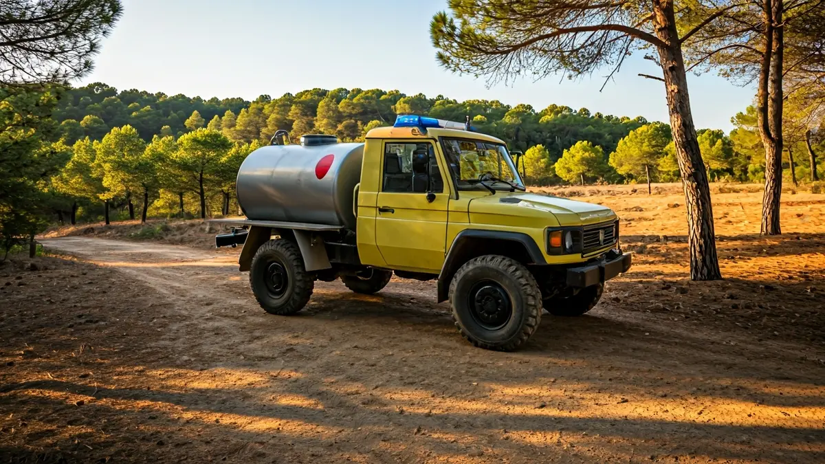 Image of a rapid intervention vehicle from Civil Protection in a forest environment.