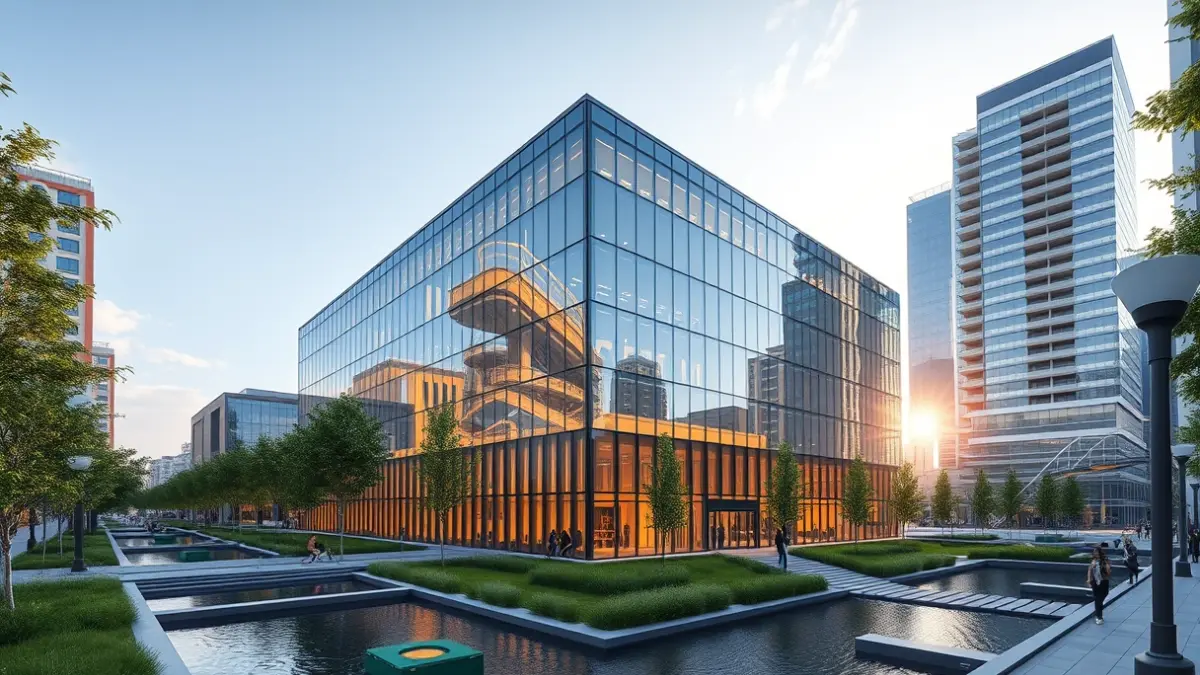 Imatge genèrica d'un centre d'innovació modern amb grans finestres de vidre i espais verds.