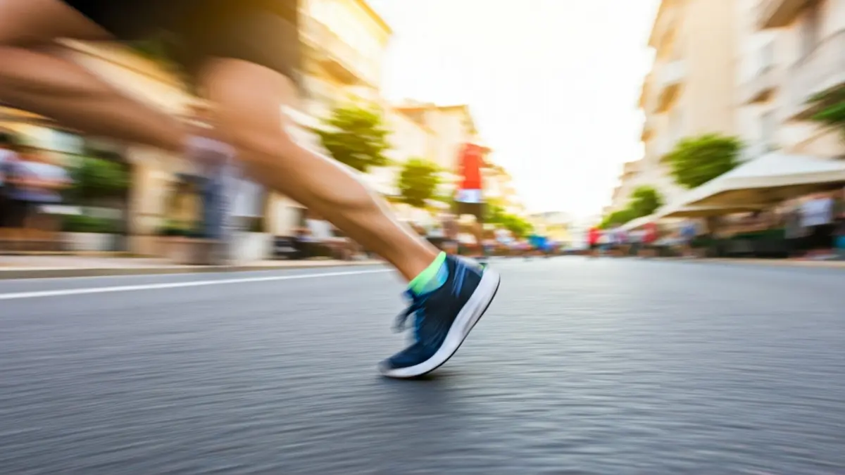 Generic image of running shoes on an asphalt road, with a Mediterranean town in the background.