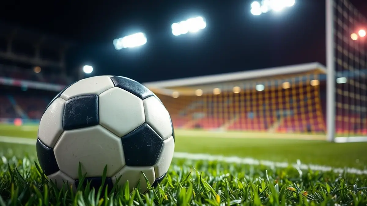 Imatge genèrica d'una pilota de futbol sobre la gespa d'un camp, amb la porteria desenfocada al fons.