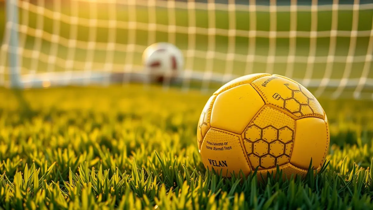 Imatge genèrica d'una pilota de futbol groga sobre la gespa d'un camp, amb la porteria desenfocada al fons.