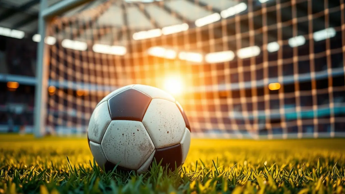 Imagen genérica de un balón de fútbol en el césped de un estadio, con la portería desenfocada al fondo.