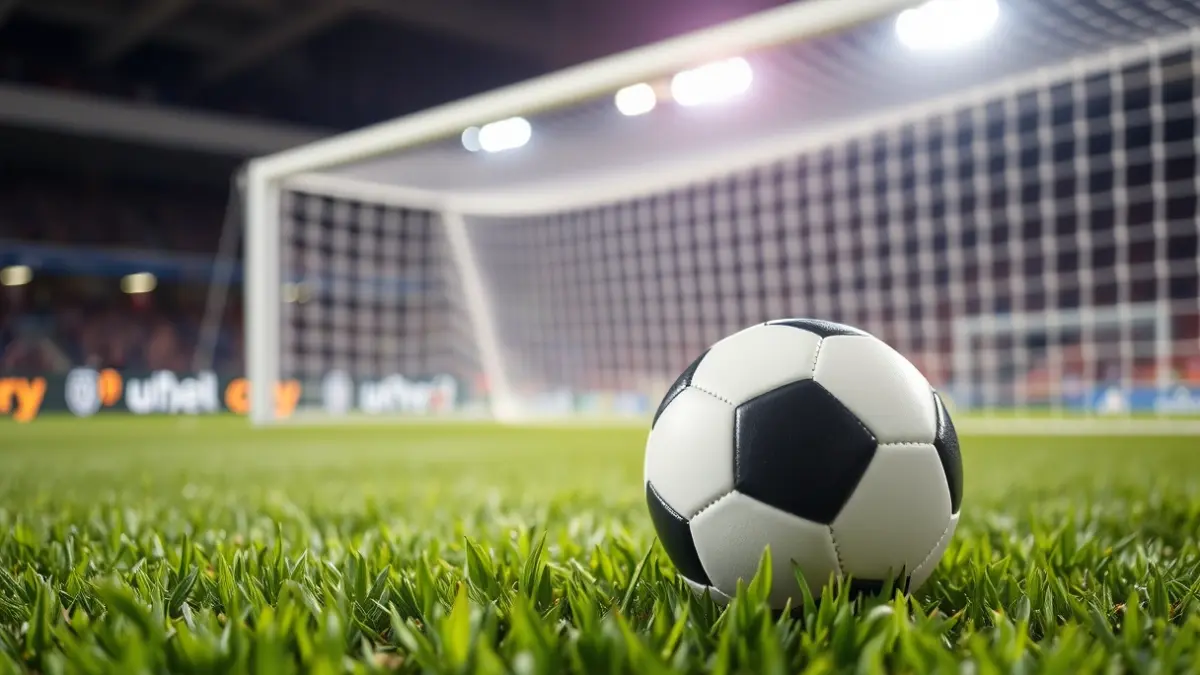 Imatge genèrica d'una pilota de futbol sobre la gespa d'un camp, amb la porteria desenfocada al fons.