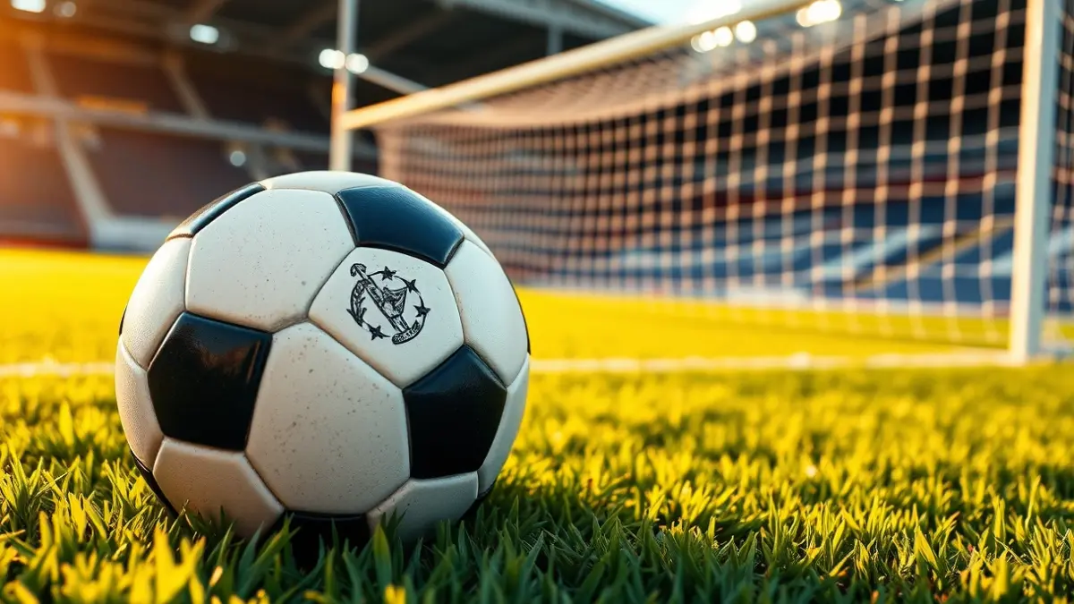 Generic image of a soccer ball on a stadium pitch, with a blurred goal in the background.