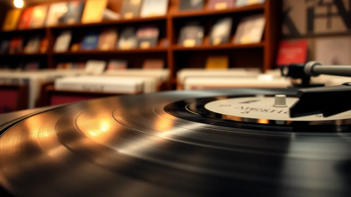 Generic image of a vinyl record spinning on a turntable, with a blurred record store interior in the background.