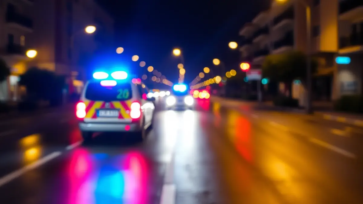 Imatge genèrica de llums d'emergència reflectint-se en una carretera mullada de nit, suggerint una situació d'urgència.