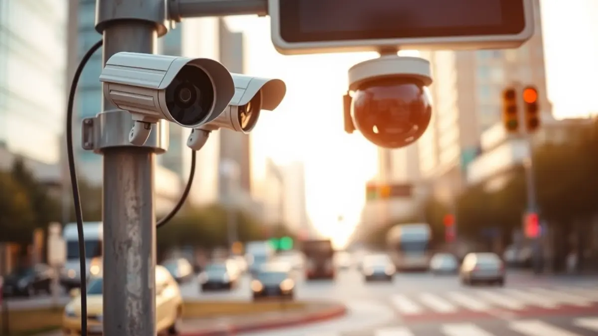 Generic image of an intelligent traffic control system with cameras and sensors at an urban intersection.