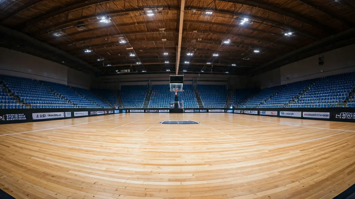 Imatge d'un pavelló esportiu modern amb seients individuals i il·luminació LED.