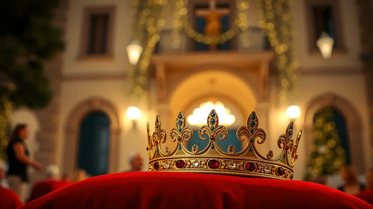 Imatge d'una corona cerimonial sobre un coixí de vellut, amb llums festives desenfocades al fons.