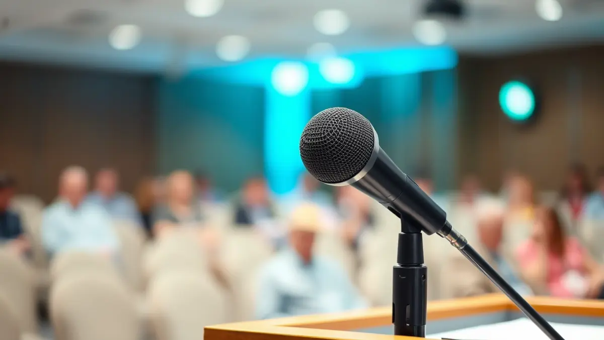 Imatge genèrica d'un micròfon en un faristol durant una assemblea o reunió.