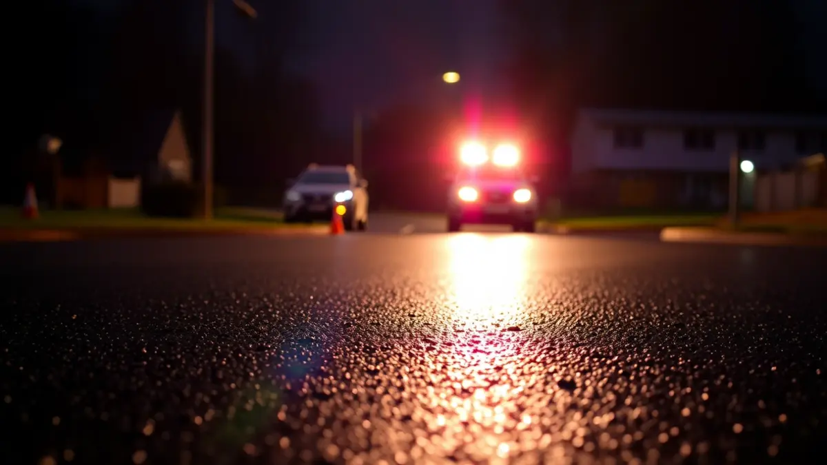 Generic image of emergency lights reflecting on wet asphalt at night.