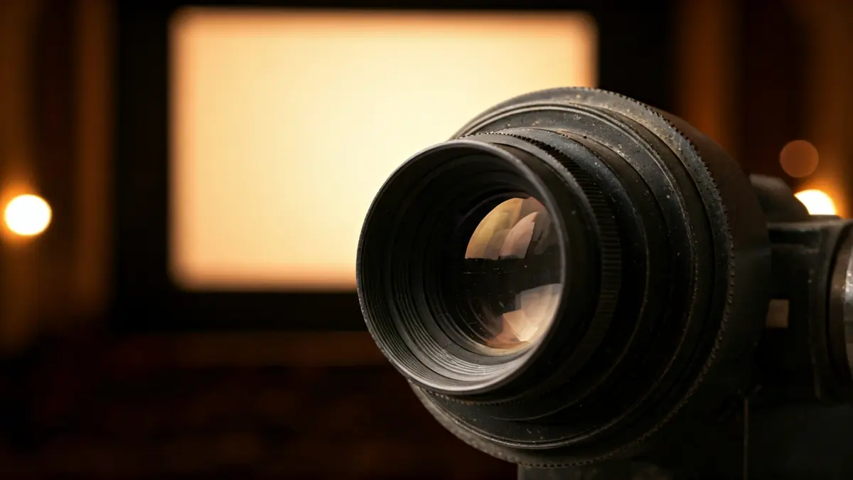 Imatge genèrica d'un projector de cine antic, amb la pantalla desenfocada al fons.