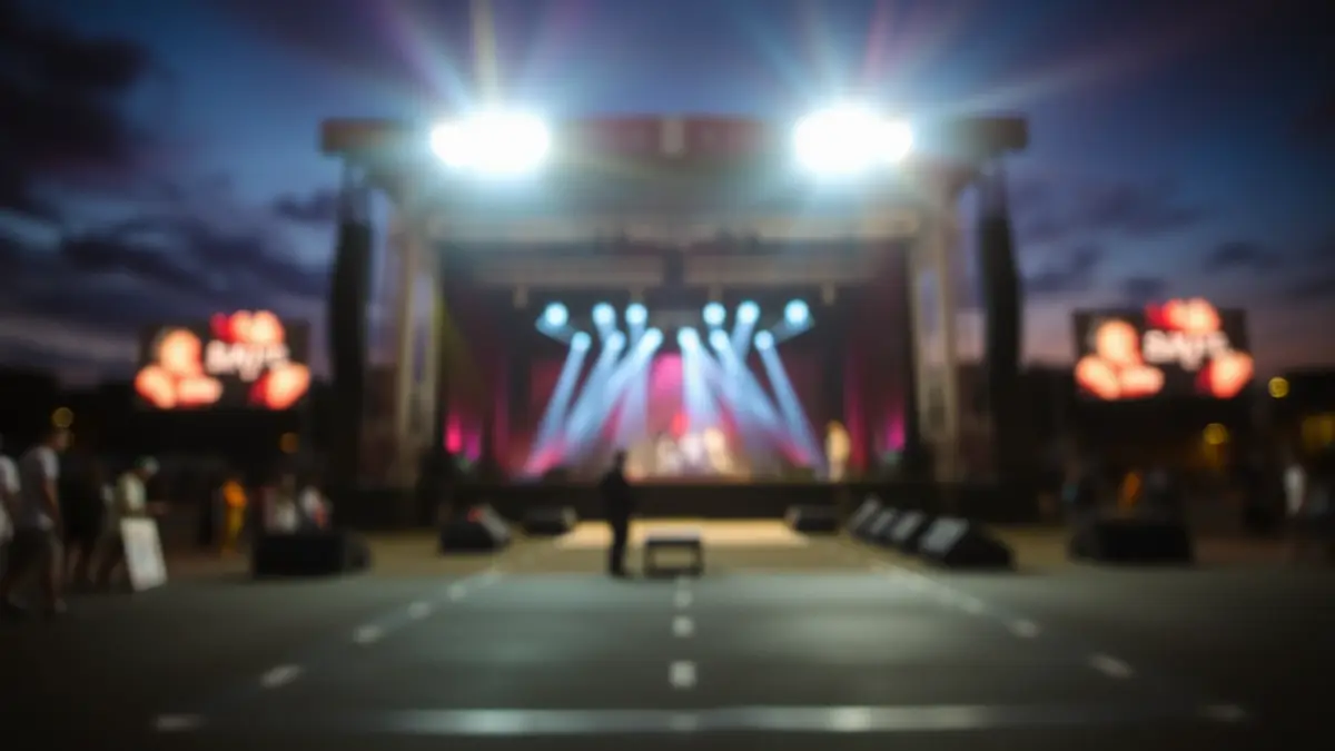 Imagen genérica de un escenario de concierto vacío con luces, simbolizando la incertidumbre de los festivales.