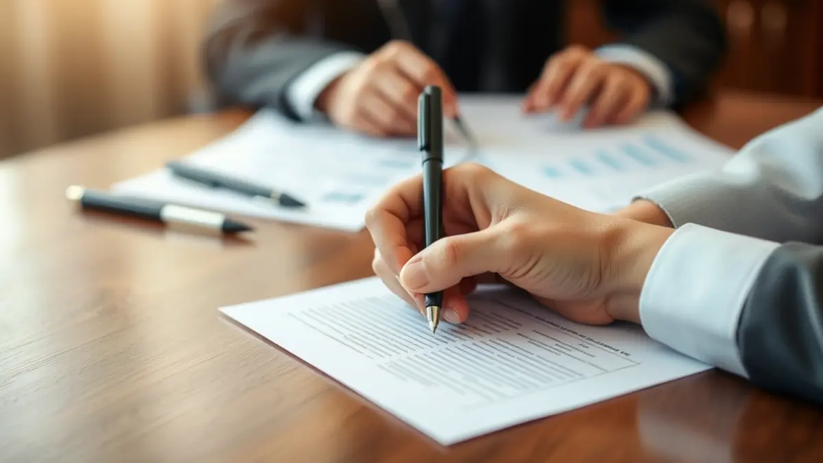 Imatge genèrica de mans signant un document en un entorn d'oficina.