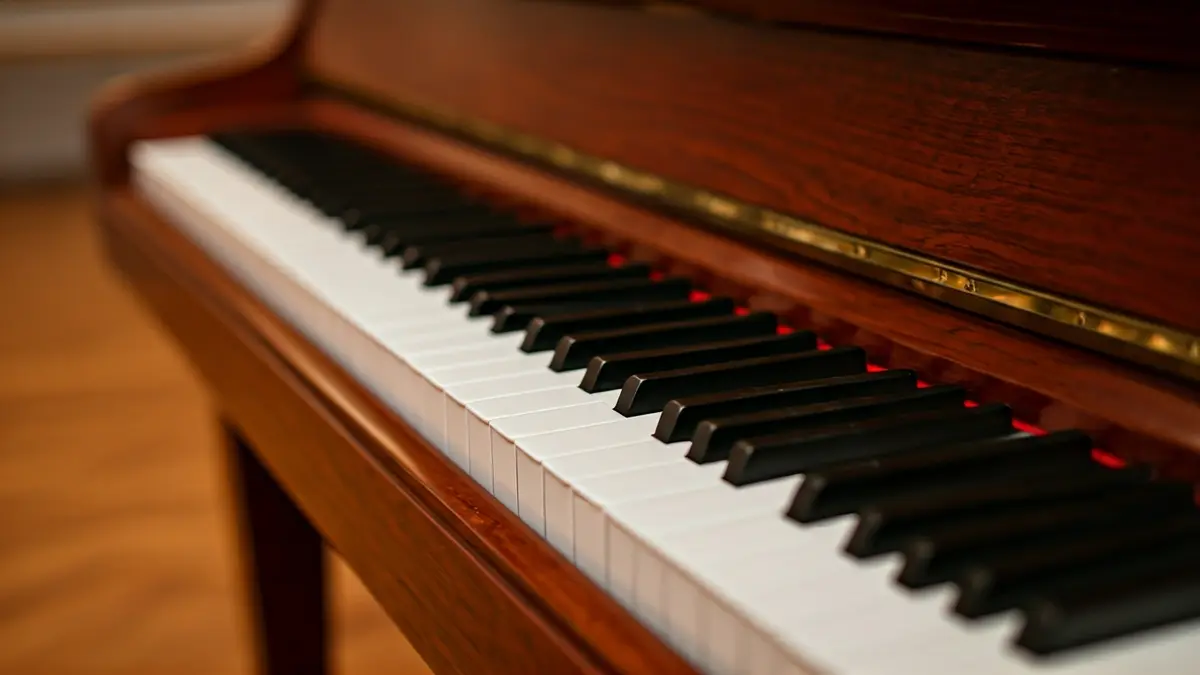 Generic image of a grand piano on a stage, with keys and polished wood illuminated by soft light.
