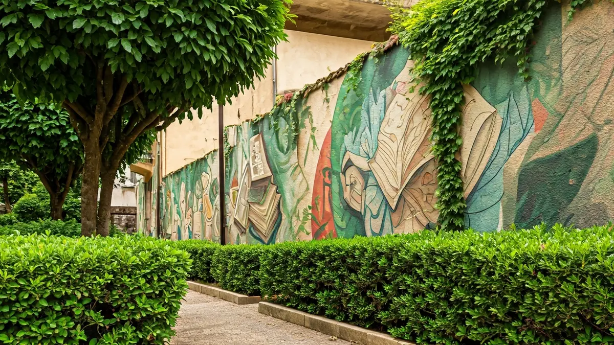 Imatge d'un mural artístic amb colors càlids i verds en un jardí.