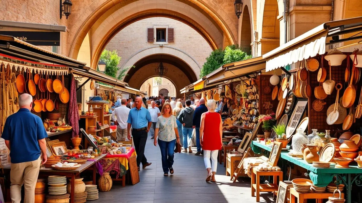 Imatge d'un mercat a l'aire lliure en un riurau, amb parades d'artesania i productes vintage, i gent passejant.