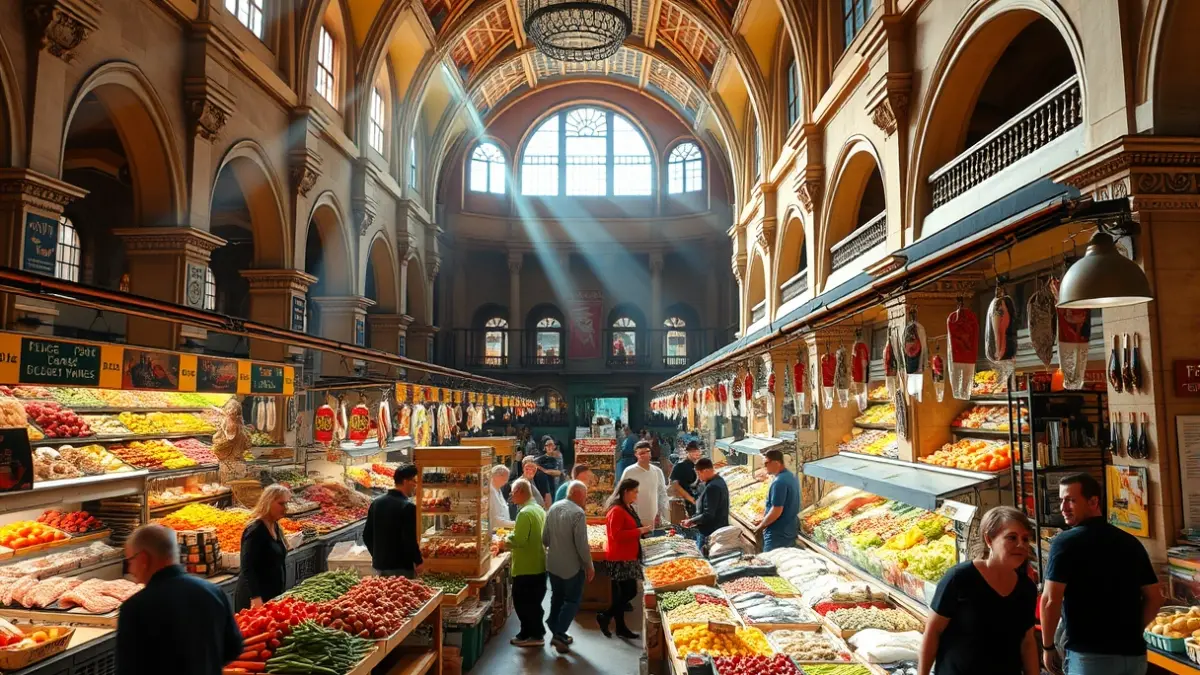 Imagen del interior de un mercado municipal histórico y bullicioso, con puestos llenos de productos frescos y gente comprando.