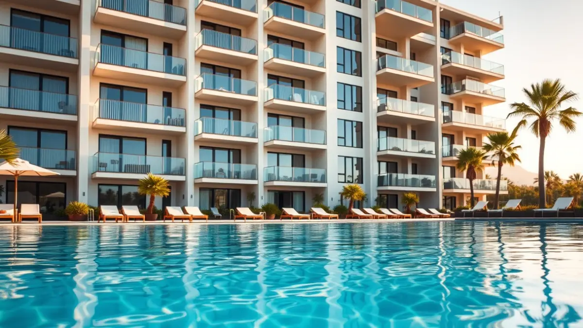 Imatge genèrica d'una promoció de vivendes amb piscina en un entorn urbà mediterrani.